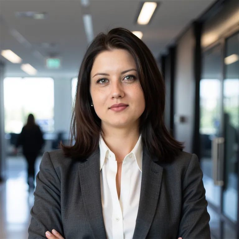 Portrait of Alexandra Mozirski, a licensed Canadian immigration consultant, wearing a gray blazer and white blouse, standing with arms crossed in her modern office hallway.