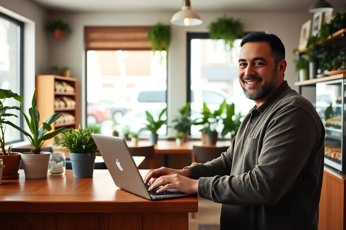 Cafe owner typing on a laptop at the counter of his bright Ontario shop