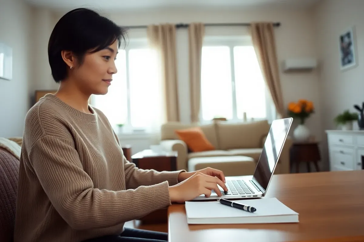 Woman checking her IRCC application status on a laptop at a living-room desk