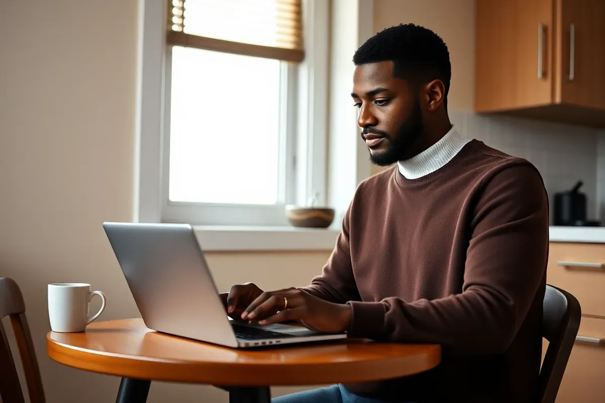 Young man checking Ontario PNP draw results on a laptop at his kitchen table