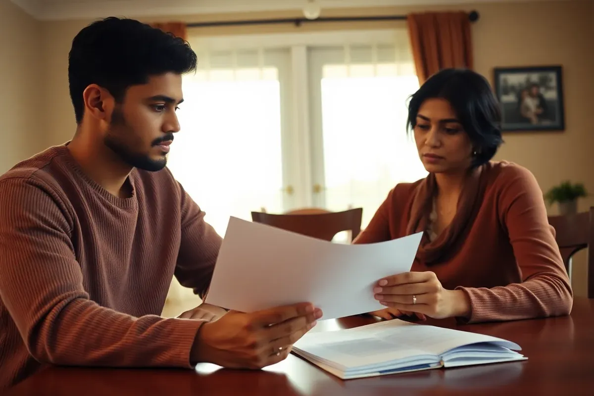 Couple reviewing an official OINP redesign letter together at their dining table
