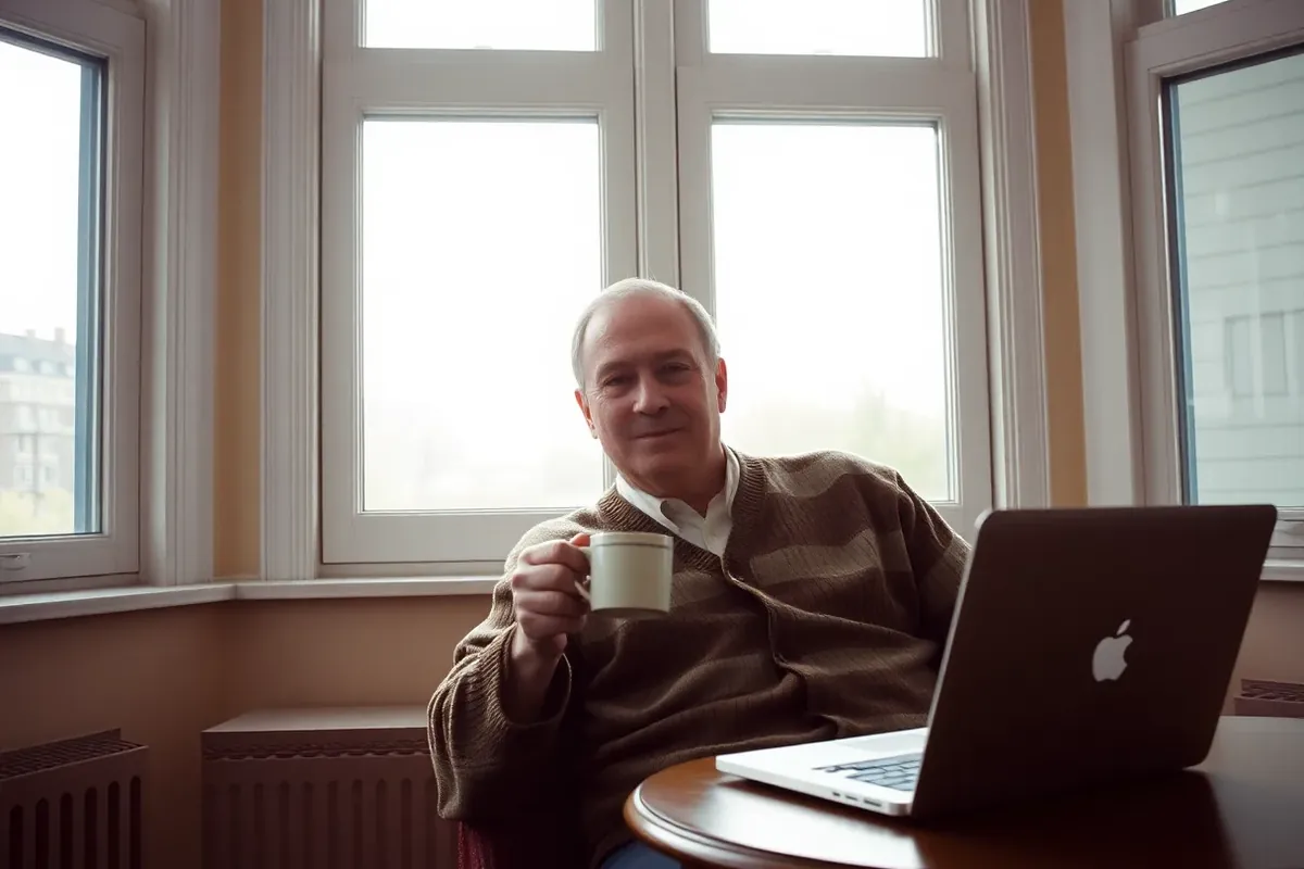 Retired man waiting patiently at a sunlit window with tea beside his laptop