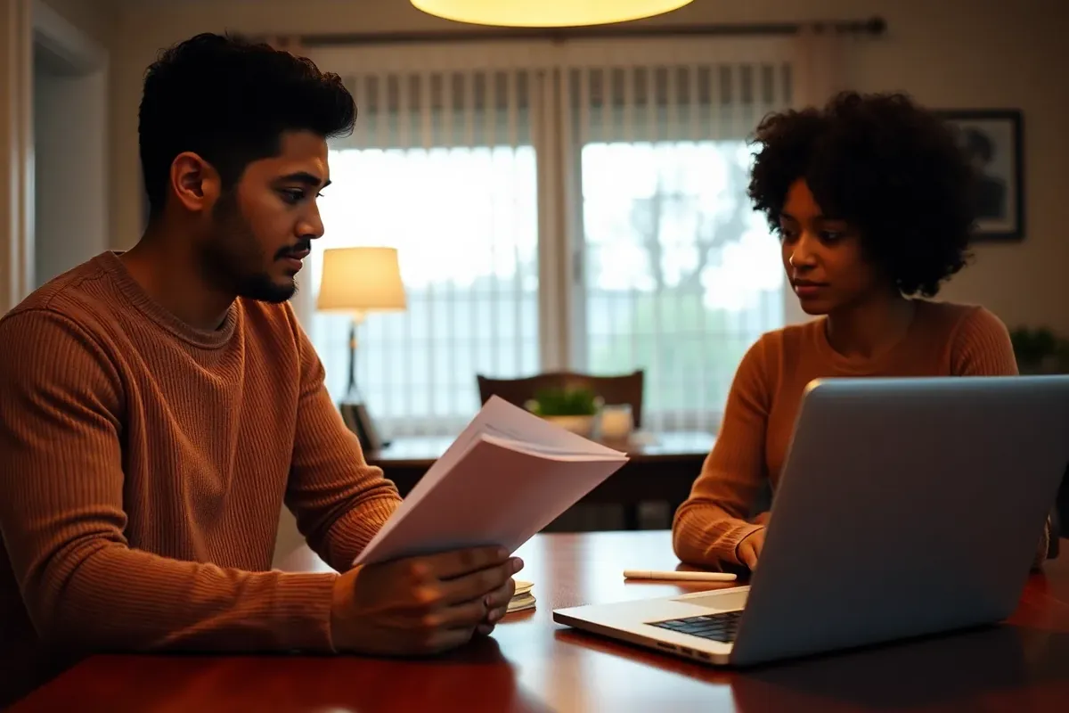 Multiracial couple comparing OINP and Express Entry documents at their dining table