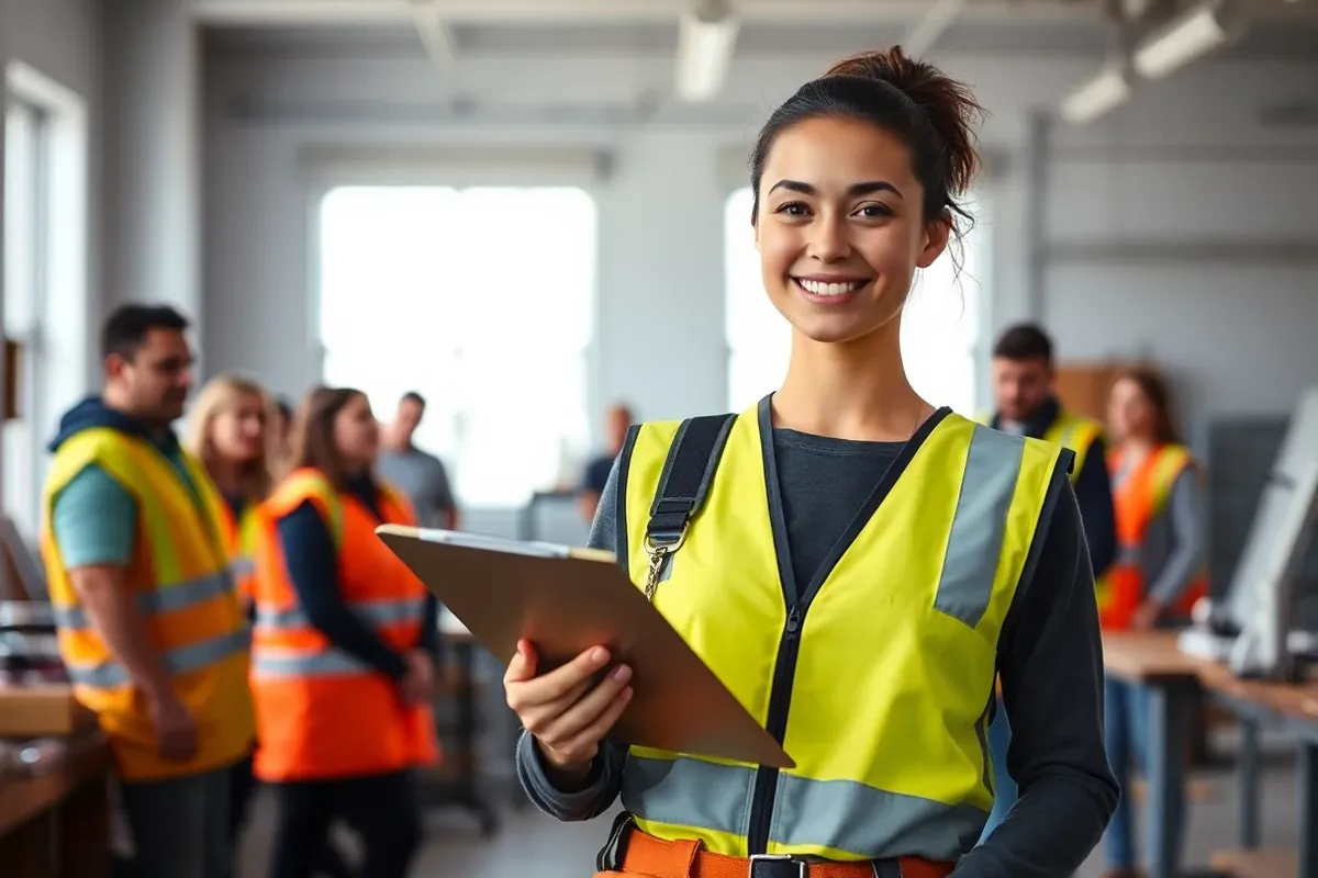 Woman in a hi-vis vest with a clipboard in a busy Ontario trades workshop