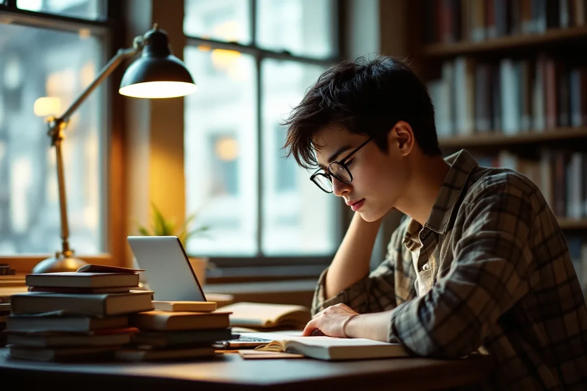 PGWP and Study Permit 2026: What Changed for International Students 3 International student with glasses studying with textbooks and a laptop at a university-library table