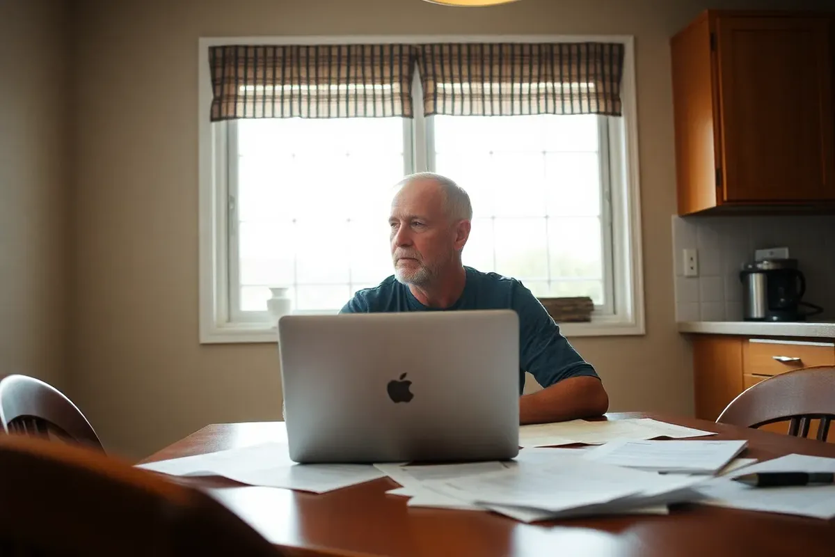 Applicant sitting alone at a kitchen table reviewing his OINP papers and considering next steps